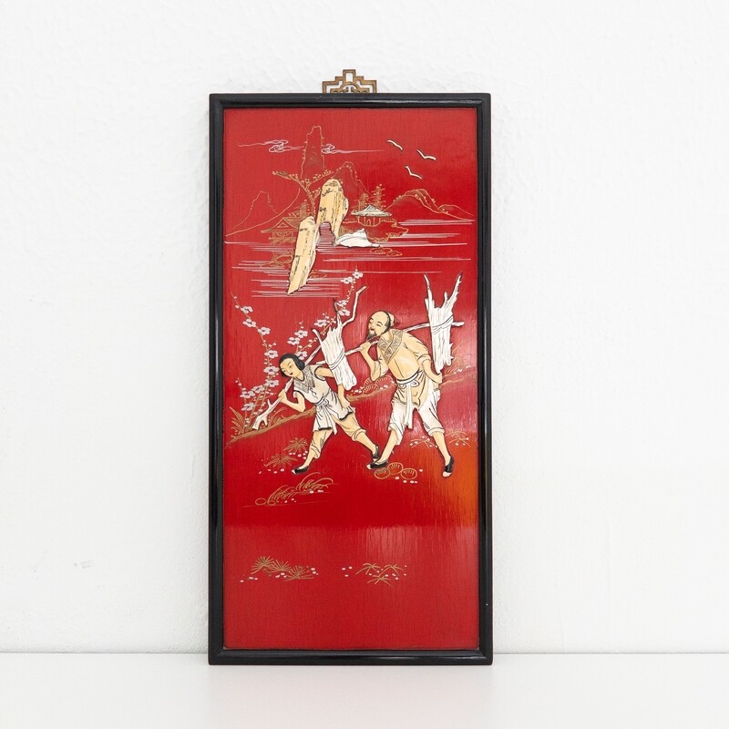 Set of 3 panels painted on wood depicting episodes of Chinese life, China in the 1960s