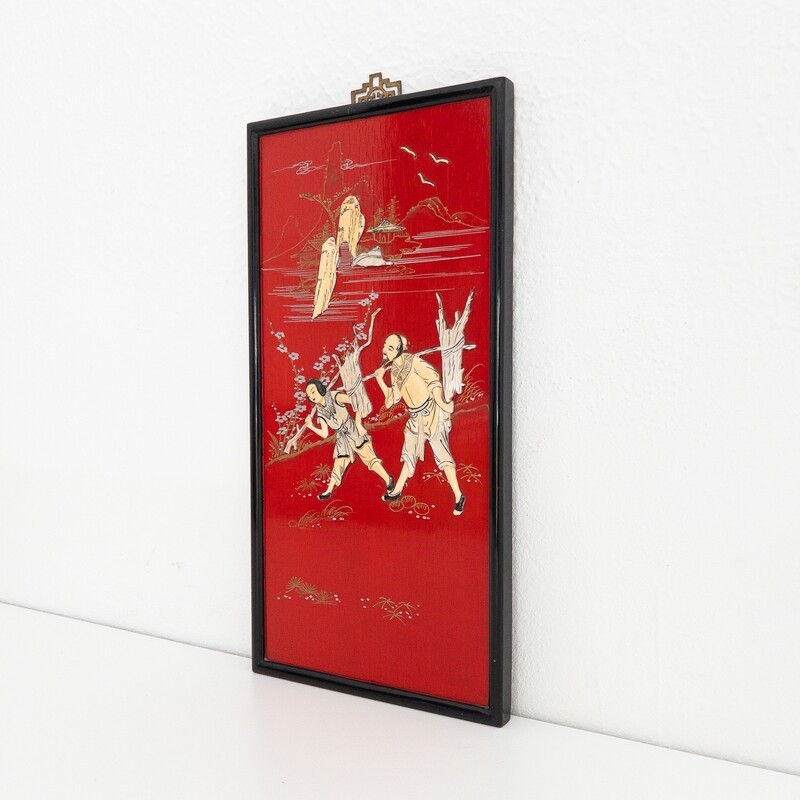Set of 3 panels painted on wood depicting episodes of Chinese life, China in the 1960s