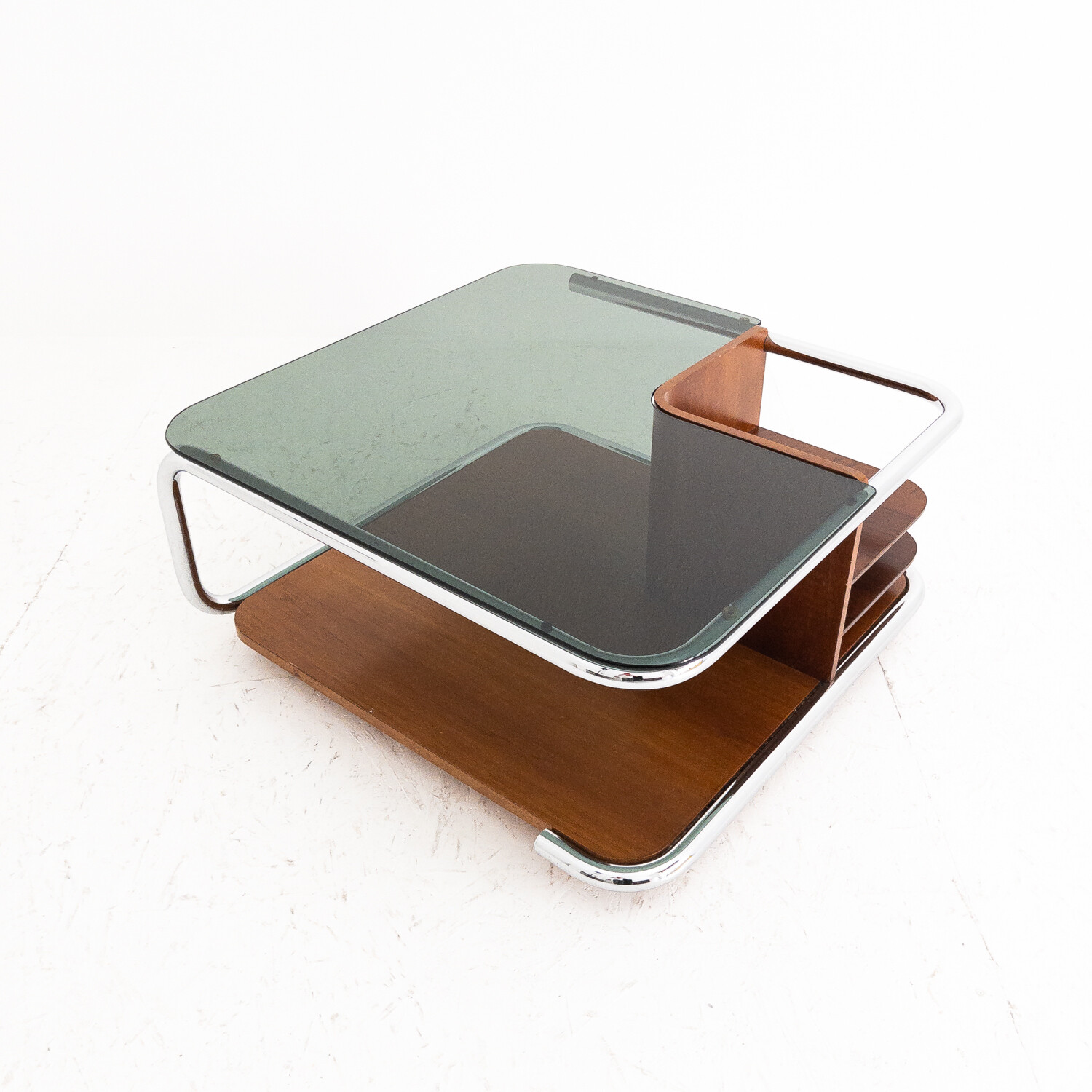 Coffee table in wood and chromed steel from the 60s