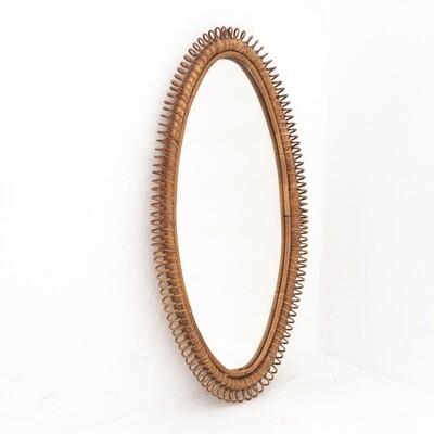 Oval mirror in woven bamboo, Italian 1970s