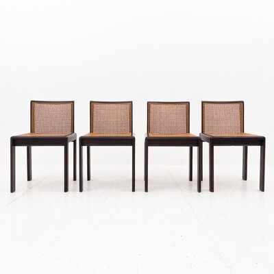 Set of 4 wooden and straw chairs from Vienna, Italy, 1970s