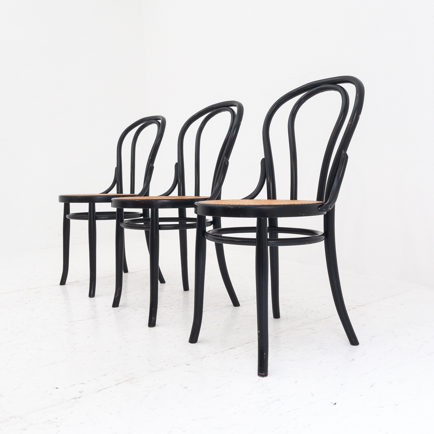 Set of 3 wooden and Vienna straw chairs in 1960s Thonet style