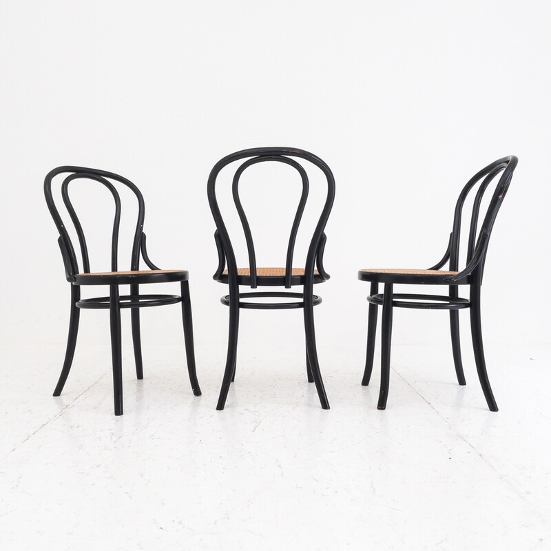 Set of 3 wooden and Vienna straw chairs in 1960s Thonet style
