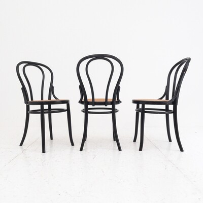 Set of 3 wooden and Vienna straw chairs in 1960s Thonet style