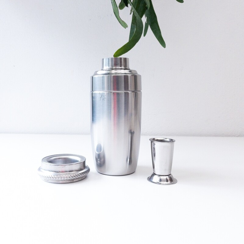 Alessi Cocktail Shaker and Alfra Alessi cocktail measuring cup, Italy 1970s