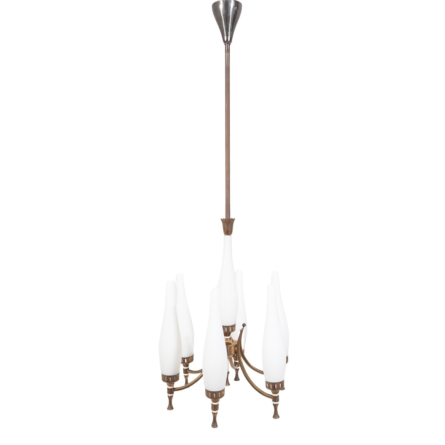 Lampada a sospensione in ottone e vetro opalino anni &#39;50