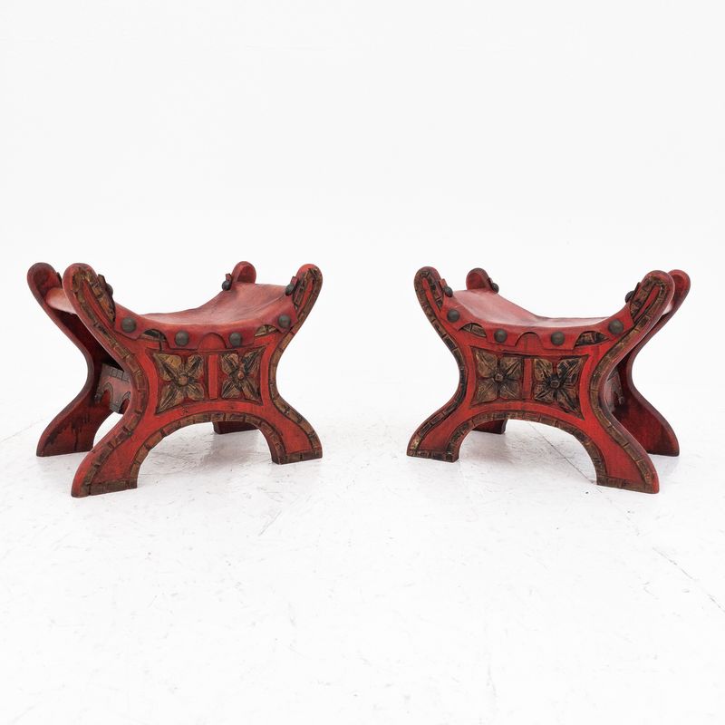 Set of 2 60&amp;#39;s wood and leather stools or footrests