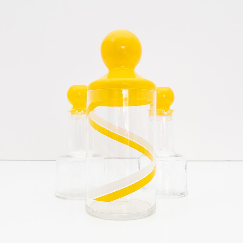 Set of Vintage Glass Jar and Oil Cruets with Yellow Caps, Branded Cerve