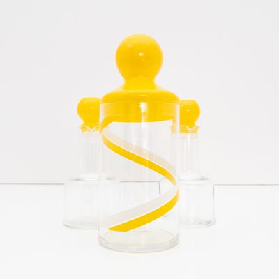 Set of Vintage Glass Jar and Oil Cruets with Yellow Caps, Branded Cerve