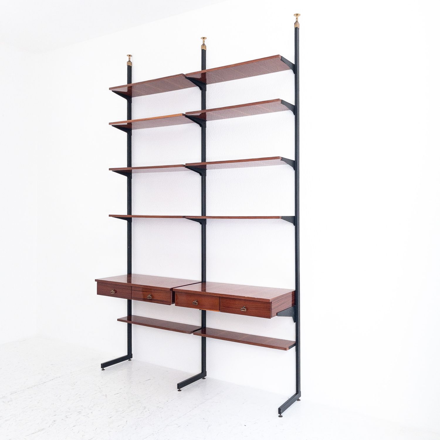 Vintage Italian Floor-to-Ceiling Bookcase with Iron Uprights and Drawers, 1960s