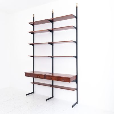 Vintage Italian Floor-to-Ceiling Bookcase with Iron Uprights and Drawers, 1960s