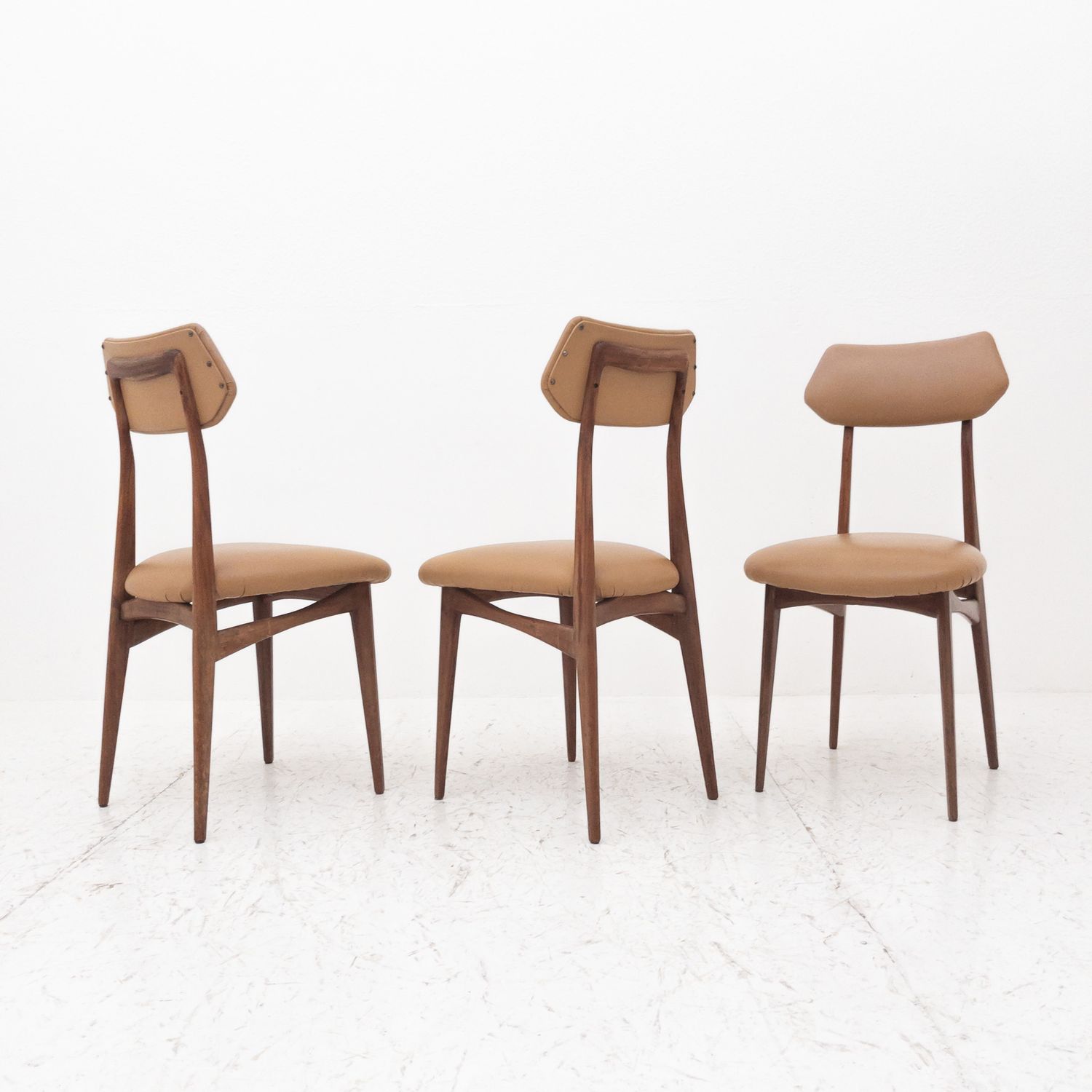 Set of 3 teak and light brown faux leather chairs, Italy, 1950s