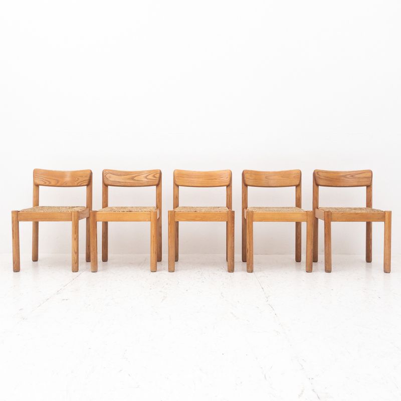 Set of 5 wooden and straw chairs by Schiffini, Italy, 1960s