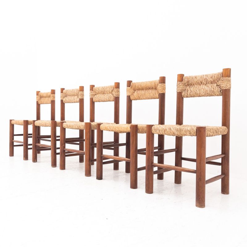 Set of 5 vintage Charlotte Perriand-style saddles, 1970s Italy, Madeira and leather heart