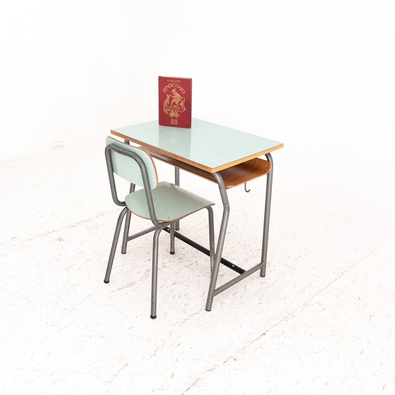 Vintage school desk and chair, 1960s – aqua green metal and formica children’s desk