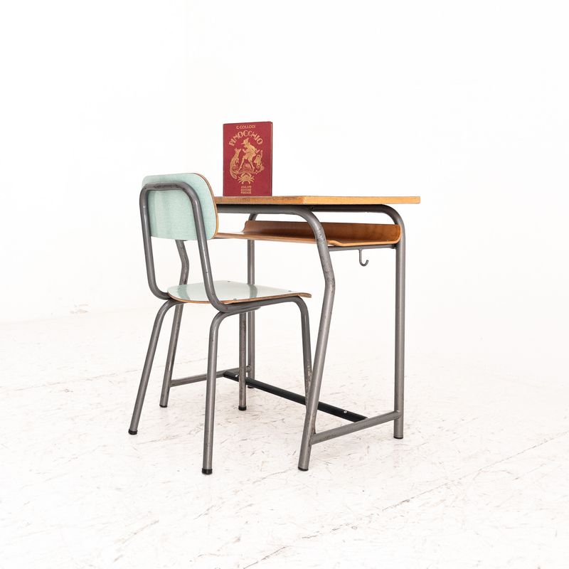 Vintage school desk and chair, 1960s – aqua green metal and formica children’s desk
