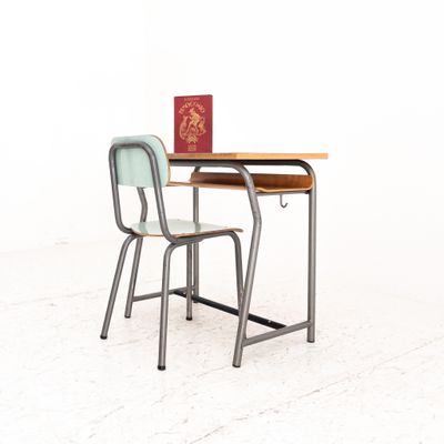 Vintage school desk and chair, 1960s – aqua green metal and formica children’s desk