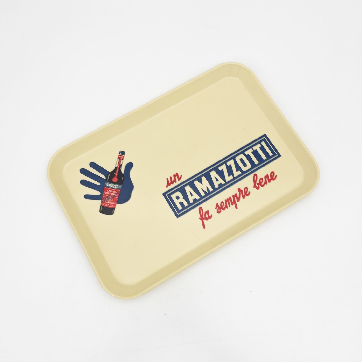 Vintage Ramazzotti advertising tray in pastel yellow plastic, Italy, circa 1970s