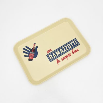 Vintage Ramazzotti advertising tray in pastel yellow plastic, Italy, circa 1970s