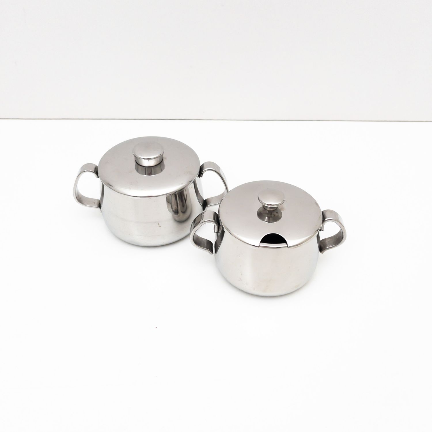 Set of 2 vintage Alfra Alessi stainless steel sugar bowls, Italy 1970s