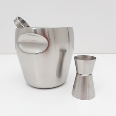 Ice Bucket with Tongs and Jigger in Stainless Steel, Series 871 – Design by Luigi Massoni and Carlo Mazzeri for Alessi