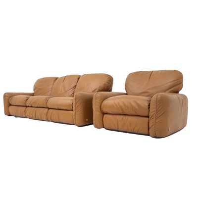 Piumotto model leather sofa and armchair living room set by Arrigo Arrigoni for Gruppo Industriale Busnelli, Italy 70s