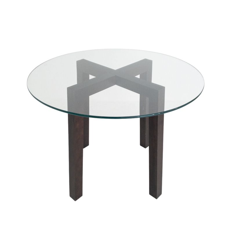 Round wooden dining table with glass top
