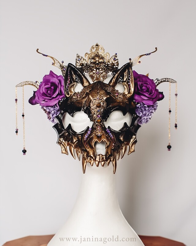 Black-Golden Cat Skull Headpiece - Purple