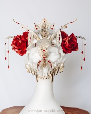 White-Golden Cat Skull Headpiece - Red