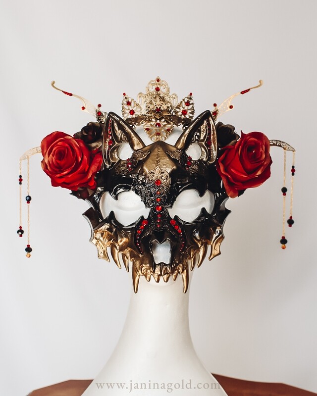 Black-Golden Cat Skull Headpiece - Red