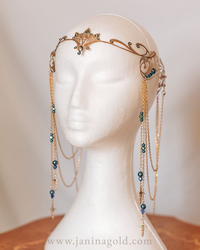 Golden Elven Crown with Blue Rhinestones Golden Elven Crown with Blue Rhinestones