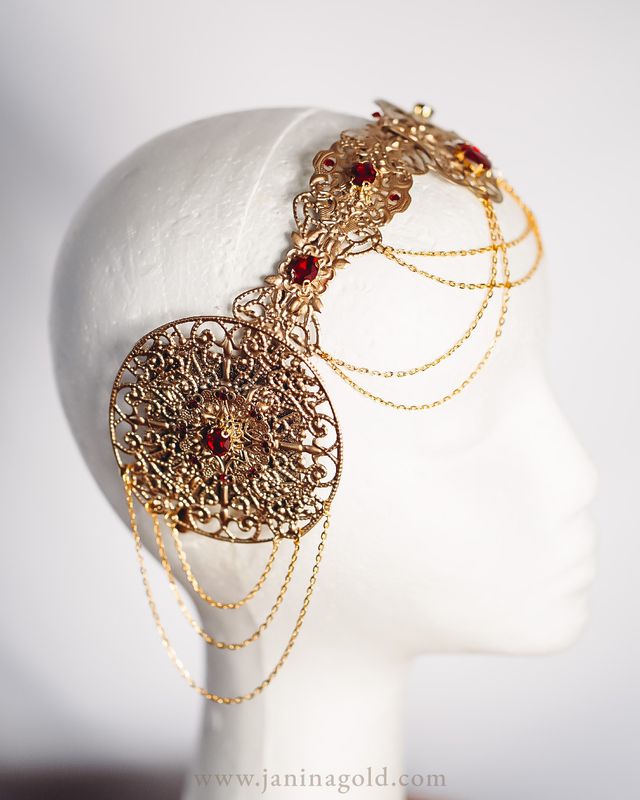 Golden Art Nouveau Crown - Red Rhinestones