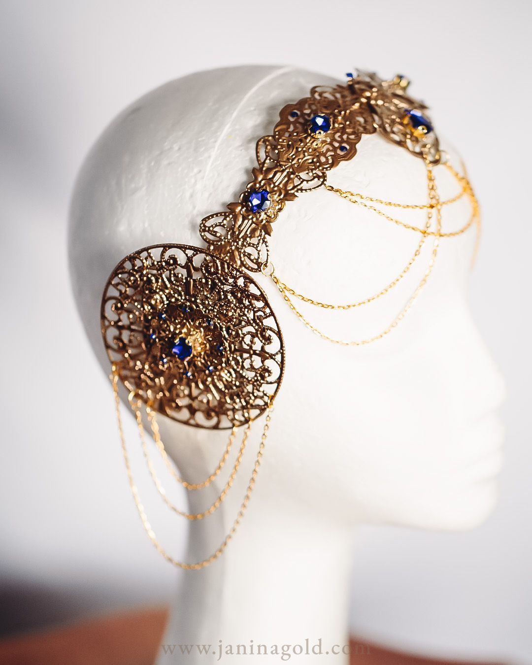 Golden Art Nouveau Crown - Blue Rhinestones
