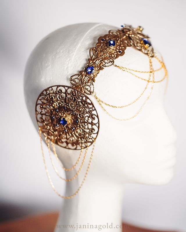 Golden Art Nouveau Crown - Blue Rhinestones