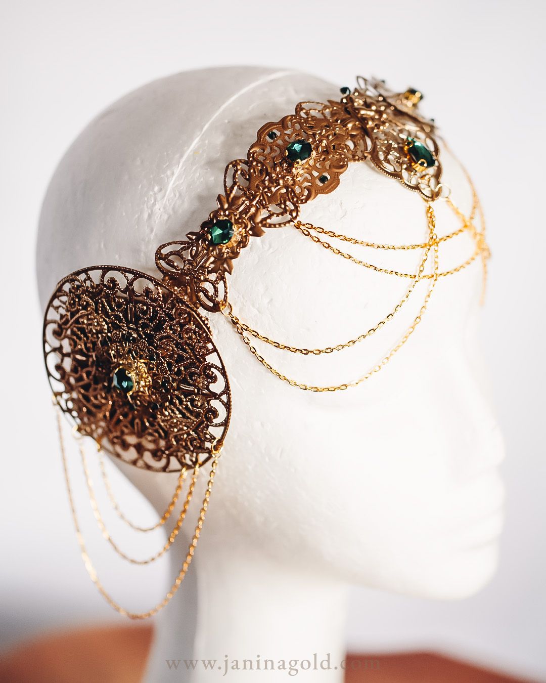 Golden Art Nouveau Crown - Green Rhinestones