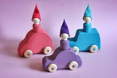 Violet/Pink/Blue Peg Gnomes in Cars - Set of 3