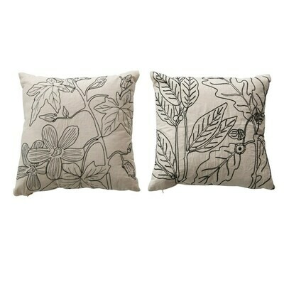 Botanical Embroidered Pillow, Black 18"