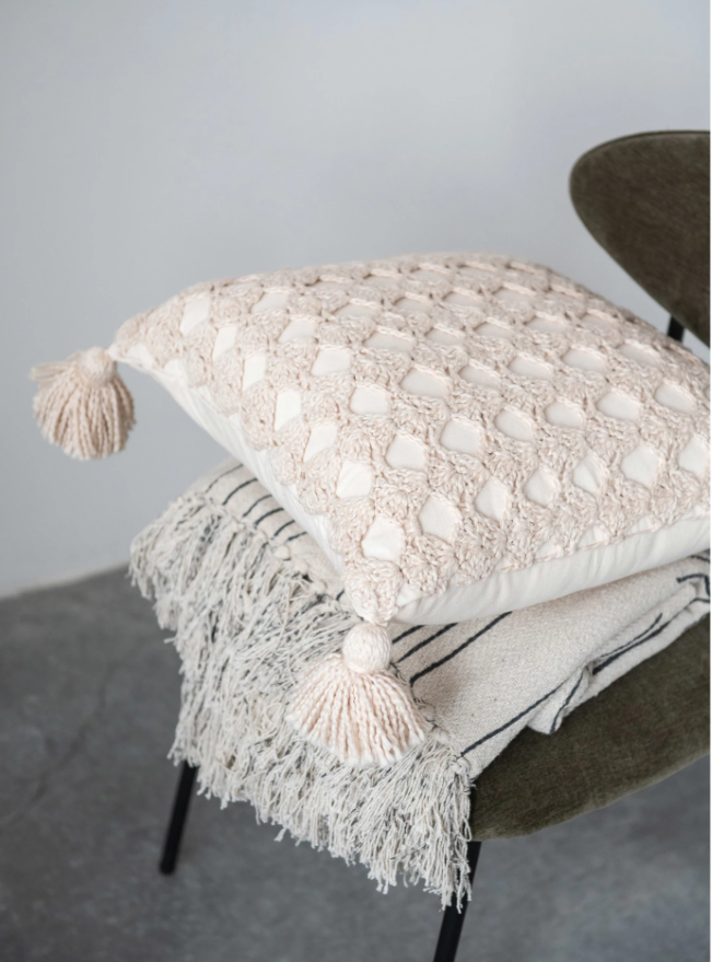 Destiny Cotton Crocheted Pillow, Nat, 18"