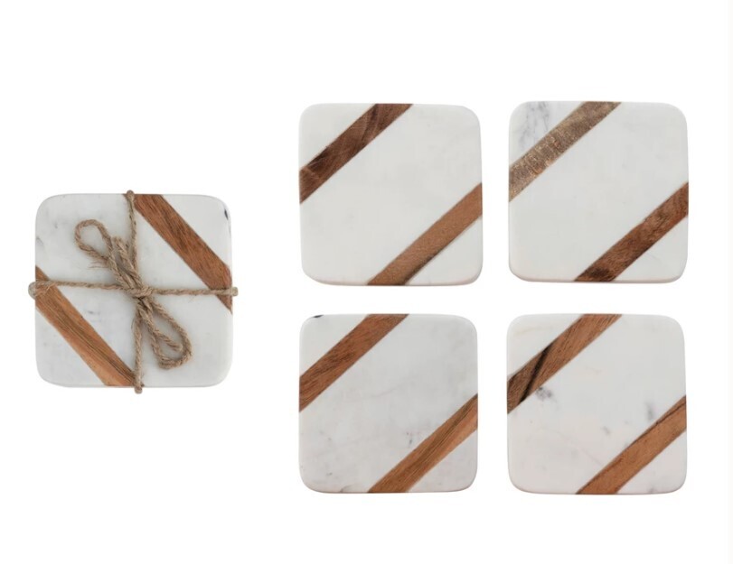 Marble & Wood Striped Coasters, Set Of 4
