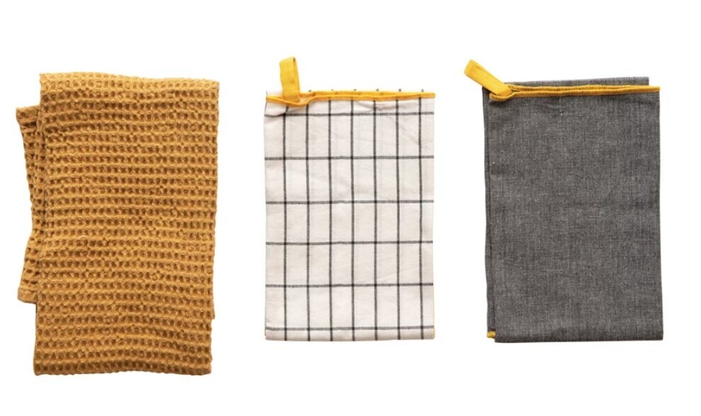 Cotton Tea Towels, Set Of 3 Mustard & Grey