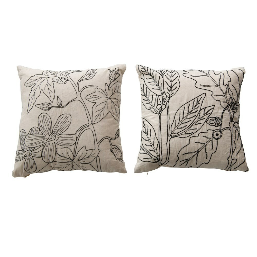 Botanical Embroidered Pillow, Black 18&quot;