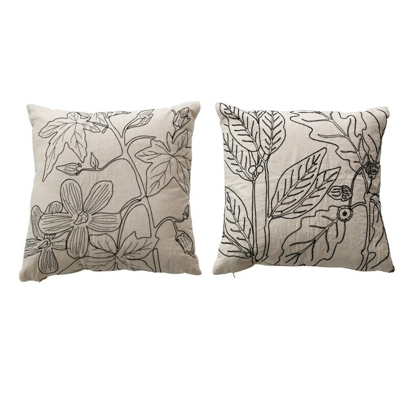Botanical Embroidered Pillow, Black 18&quot;