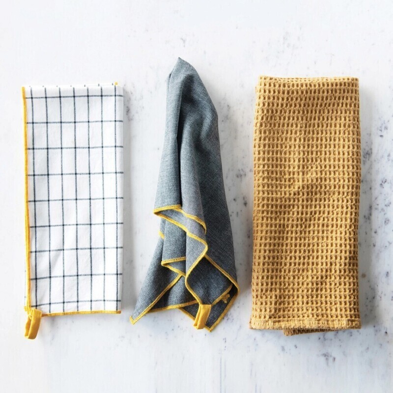 Cotton Tea Towels, Set Of 3 Mustard &amp; Grey