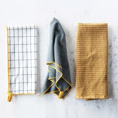 Cotton Tea Towels, Set Of 3 Mustard &amp; Grey