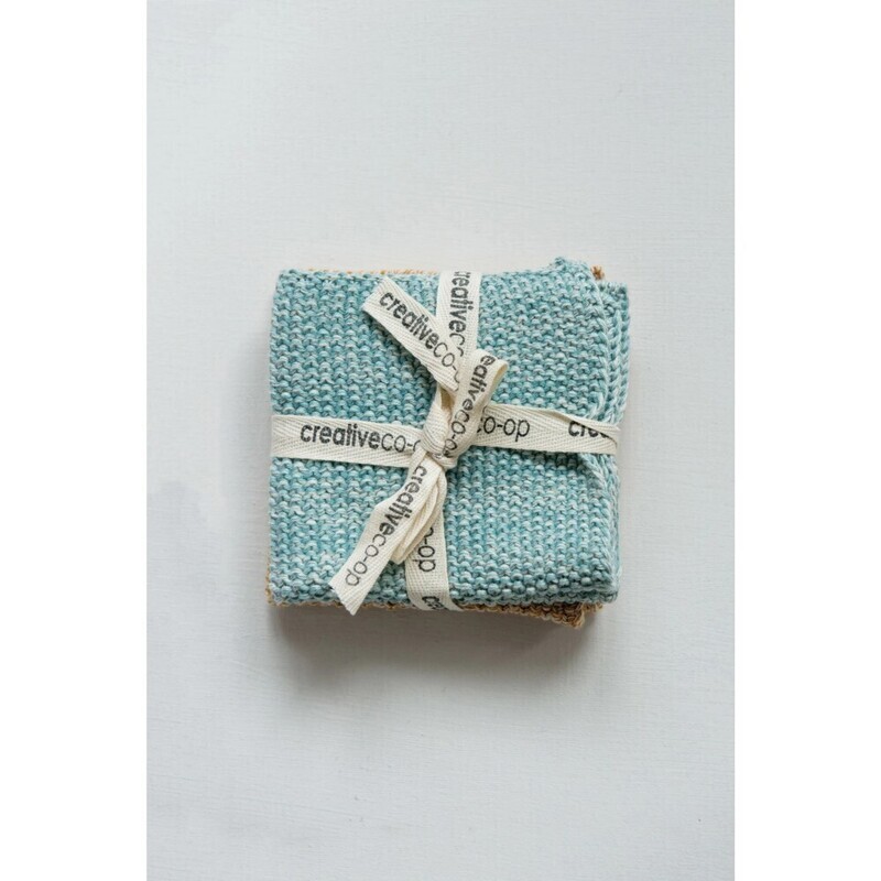 Cotton Knit Dish Cloths, Aqua/Tan