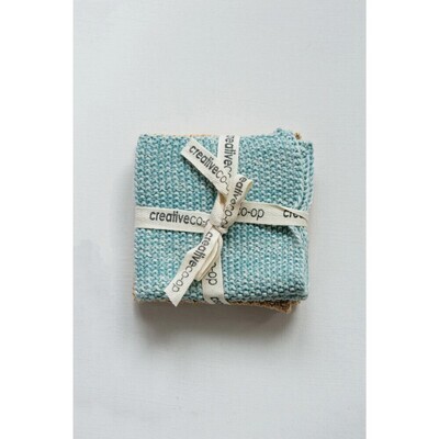 Cotton Knit Dish Cloths, Aqua/Tan