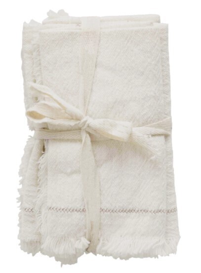 Ivory Fringed Embroidered Napkins, Set Of 4