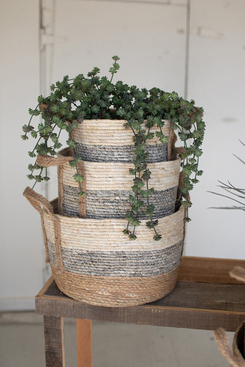 Medium Grey Stripe Rush Basket