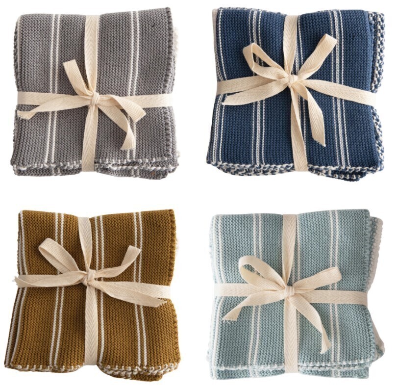 Cotton Knit Dish Cloths Set Of 2, Striped