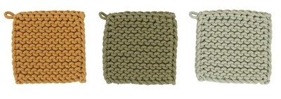 8" Square Cotton Crocheted Potholder, Greens &amp; Gold